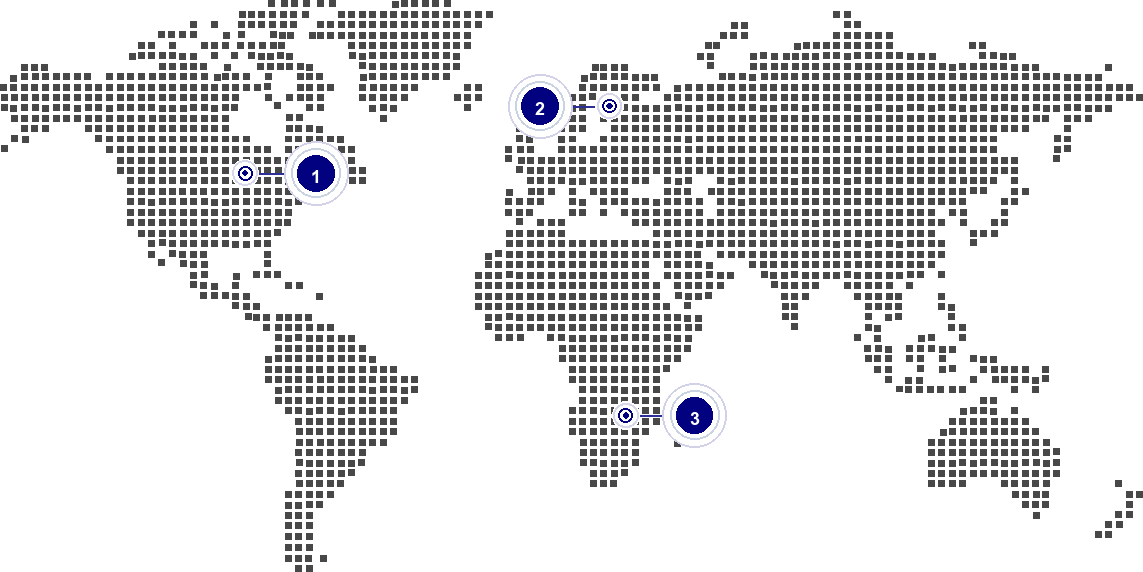 Pixel grid world map showing Dallas, Frankfurt and Johannesburg